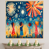 Whimsical Folk Art of Children Watching Fireworks on 4th of July Night, Playful Patriotic Scene with Stars, Bursts of Color, and Red, White, and Blue Outfits on Ready to Hang 1.5" Thick Canvas Wrap, Floating Framed Canvas, Flat Rolled Canvas